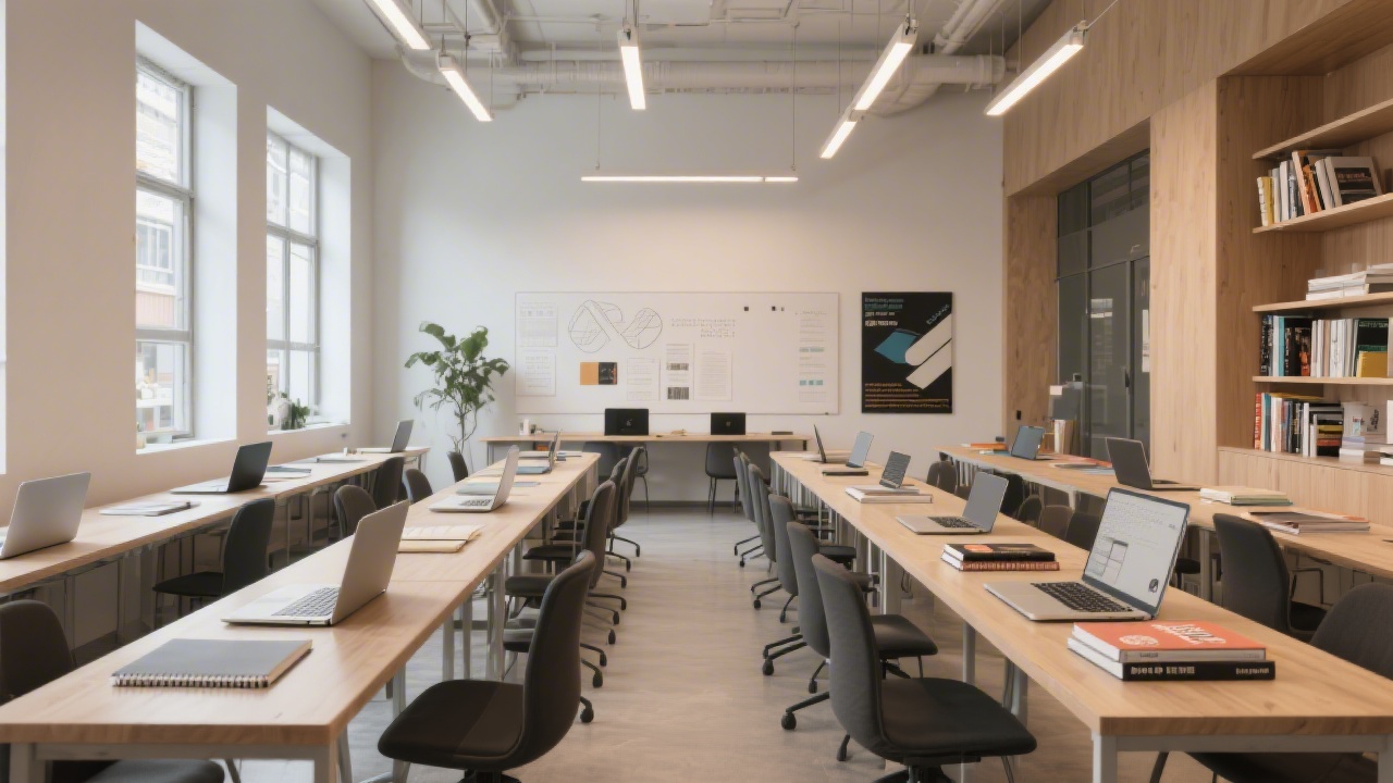 Interior of a modern academy space with long desks, soft lighting, laptops, notebooks and design books arranged neatly for a collaborative learning environment.