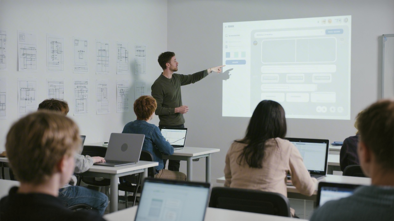Classroom scene with students focused on laptops, instructor pointing to a projected UI layout, and a wall with printed wireframes, showing a realistic learning session.