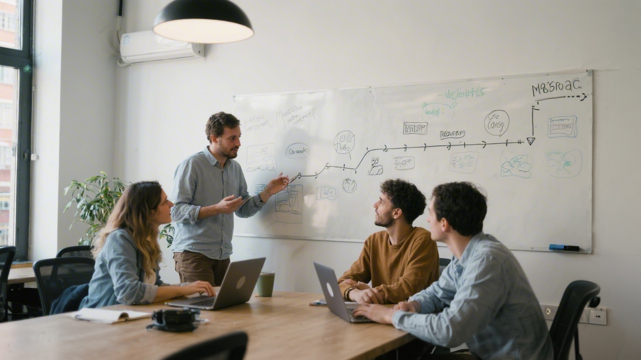 Small team in a Madrid coworking space discussing a website roadmap on a whiteboard, with laptops and sketches, indicating a startup collaboration setting.