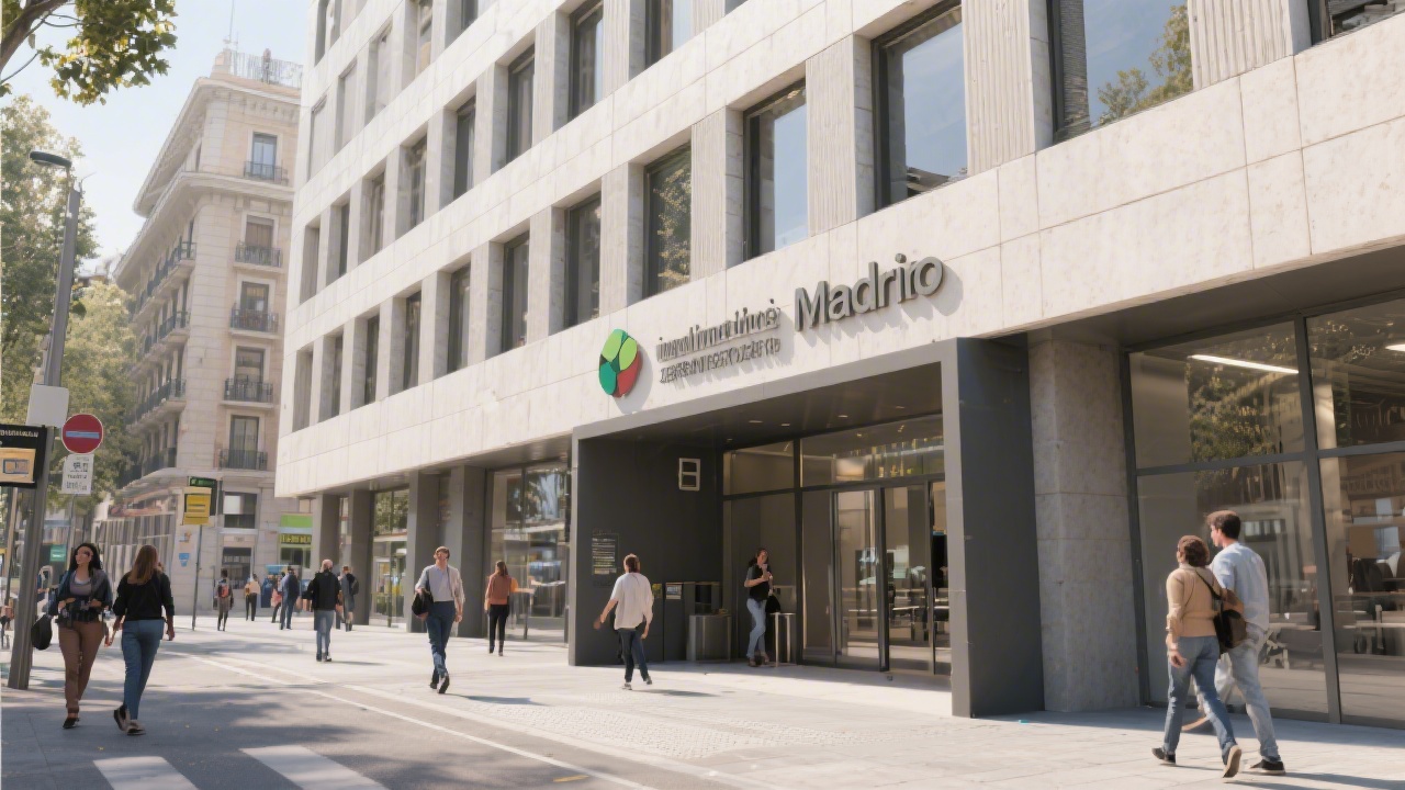 Exterior of a modern Madrid building with clear entrance signage, people walking by, and a calm urban atmosphere indicating accessibility and proximity to public transport.