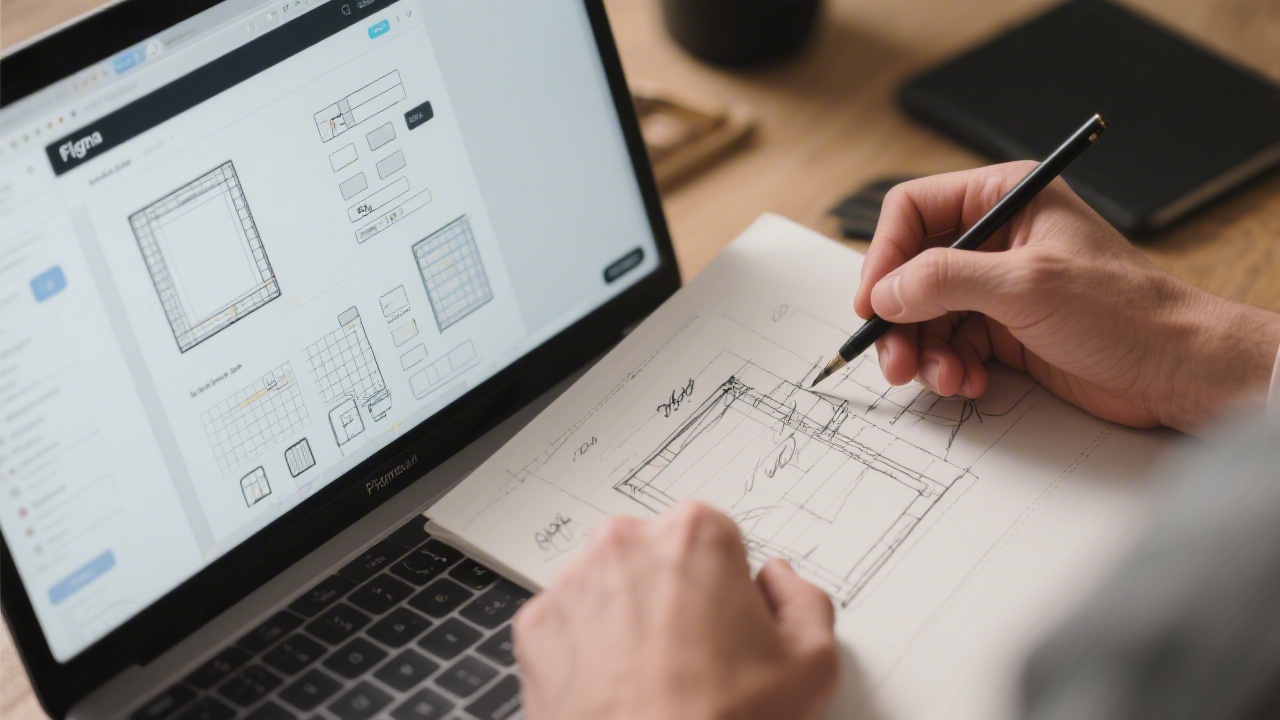 Close view of a designer hands sketching wireframes next to a laptop with Figma open, showing frames, components and grids for a modern web interface.