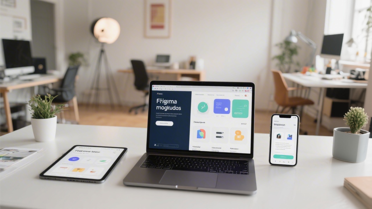 Wide view of a modern workspace with Figma mockups on a laptop, tablet and phone, showcasing responsive web layouts and clean UI elements in a studio environment in Madrid.