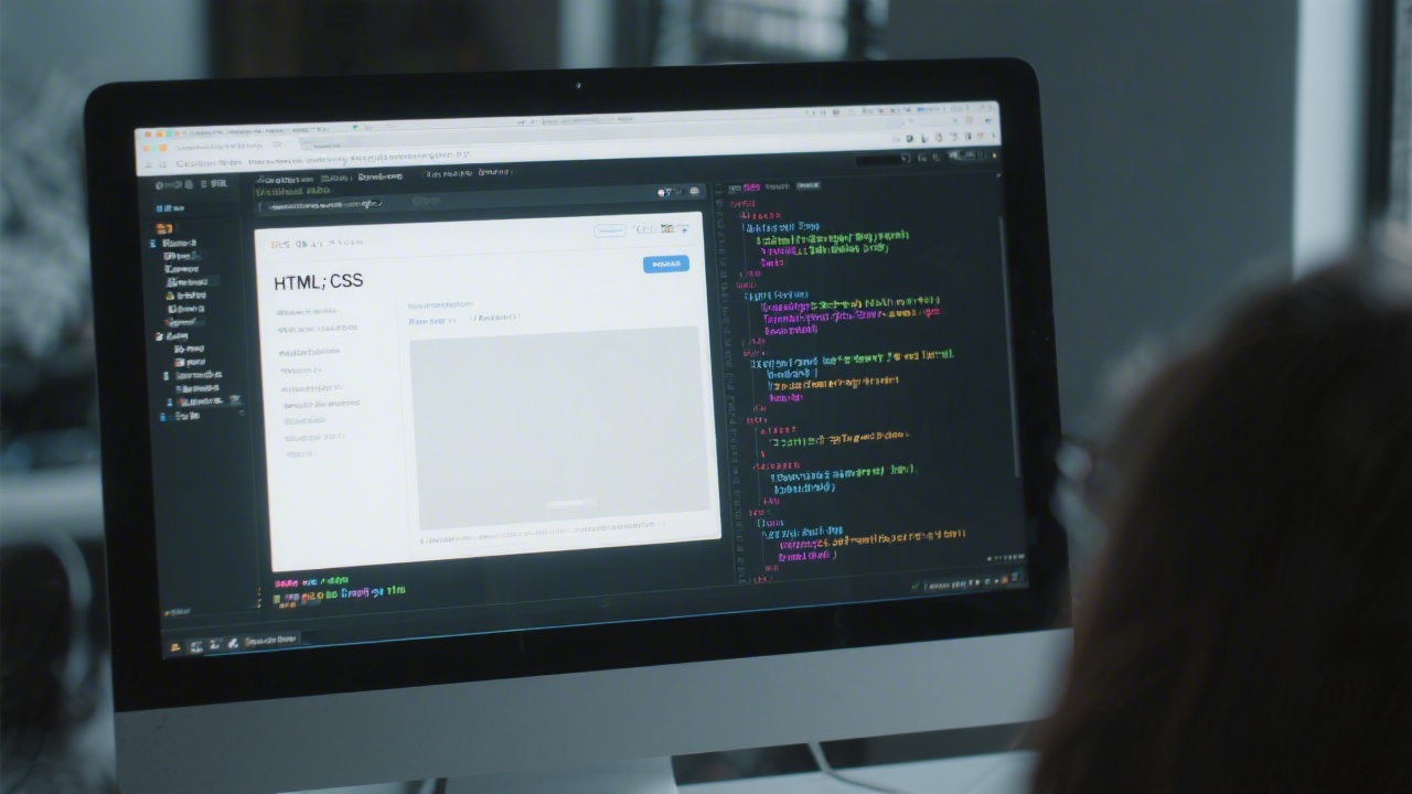 Computer screen showing HTML and CSS code with a browser preview of a clean website layout, indicating a realistic front-end development environment.