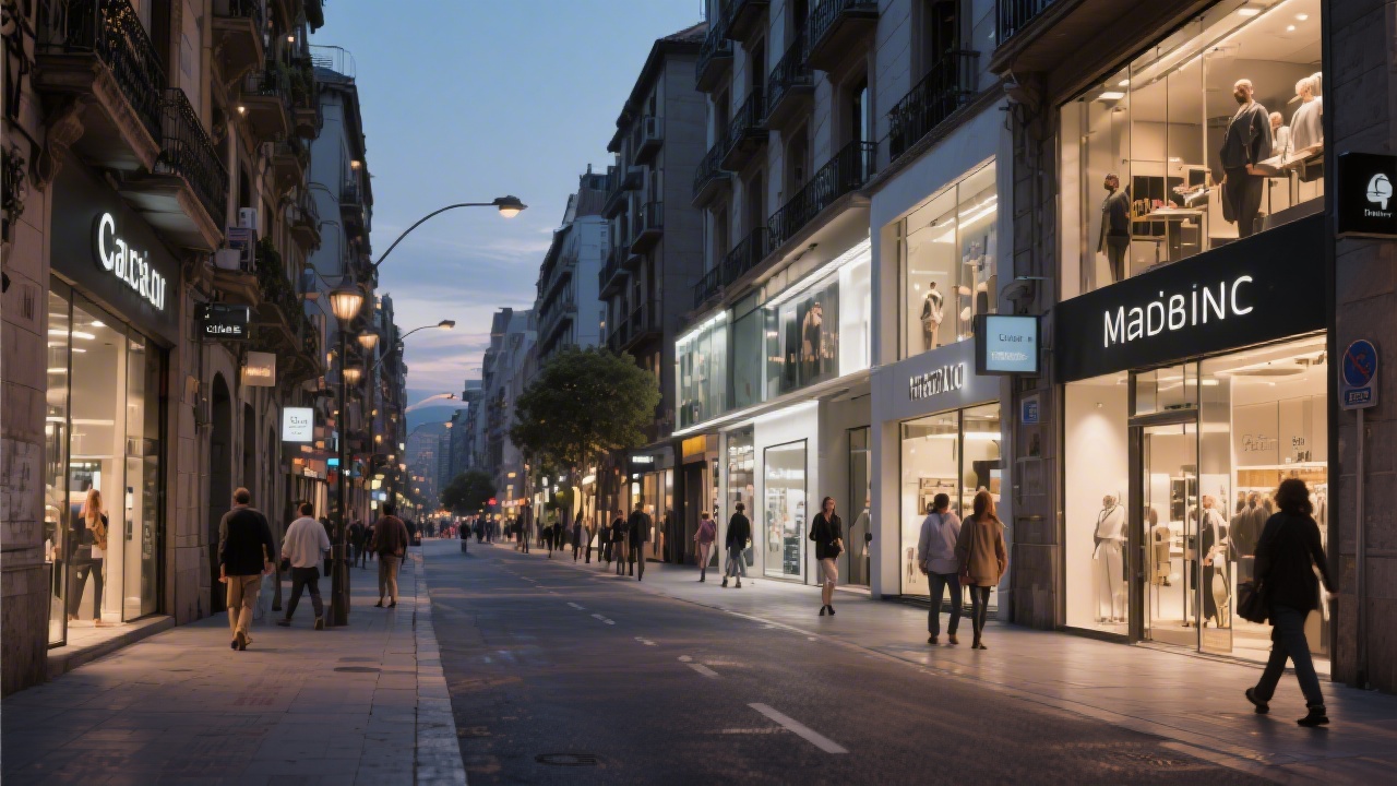 Evening view of a Madrid street with modern storefronts, clean signage and pedestrians, capturing urban atmosphere and contemporary design references.