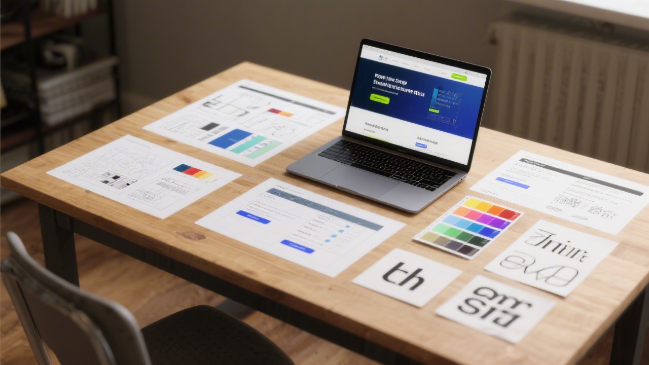Table with printed web design drafts, a laptop displaying a landing page, color swatches and typography samples, representing a realistic student portfolio build.