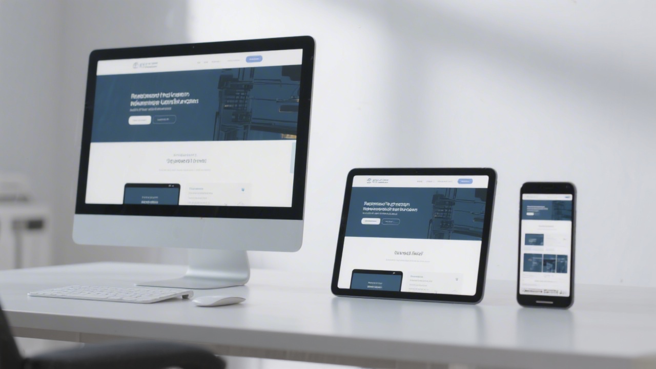 Set of three devices showing the same website layout adapting to desktop, tablet and mobile screens, illustrating responsive design testing in a clean studio.
