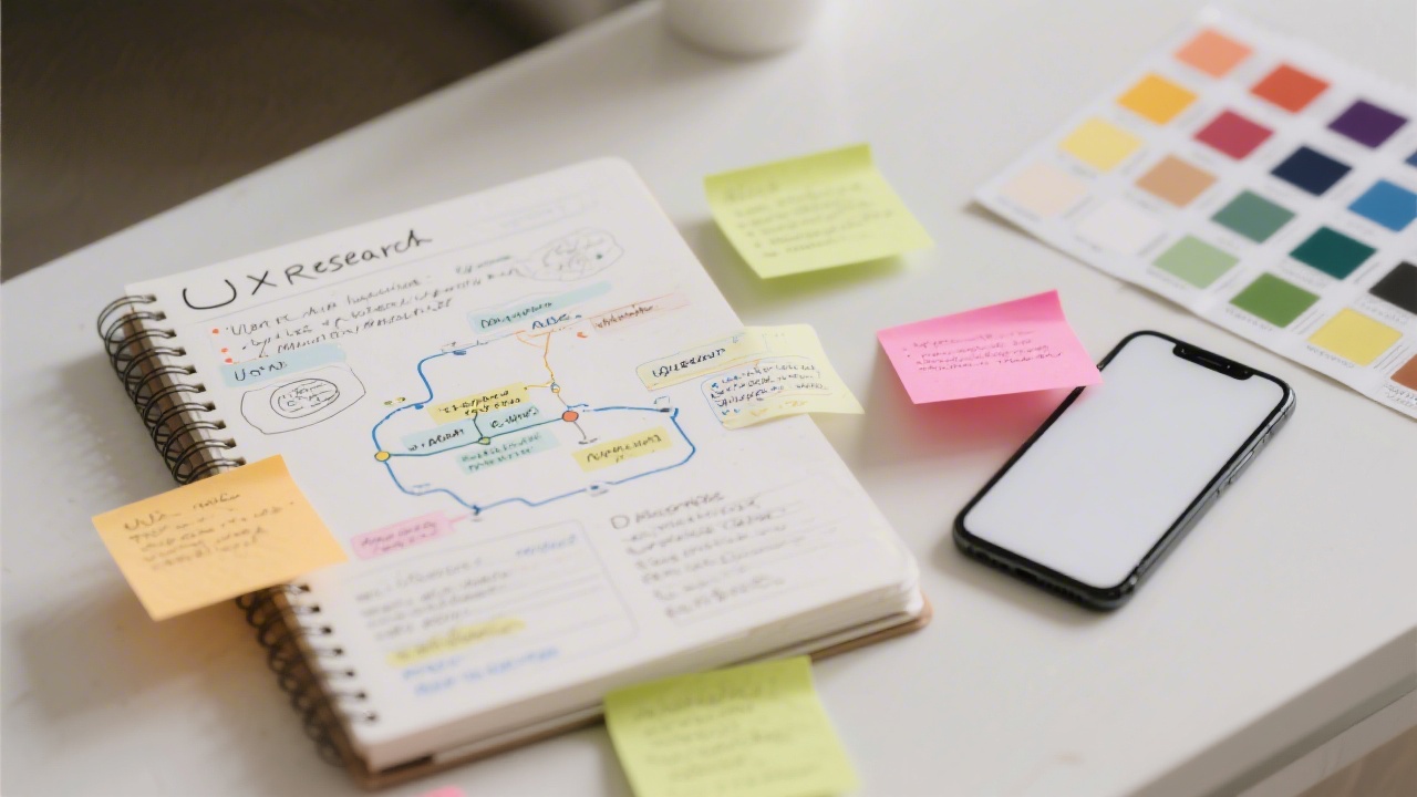 Notebook with UX research notes, user journey maps and sticky notes beside a smartphone and color palette samples, representing structured UI/UX planning.