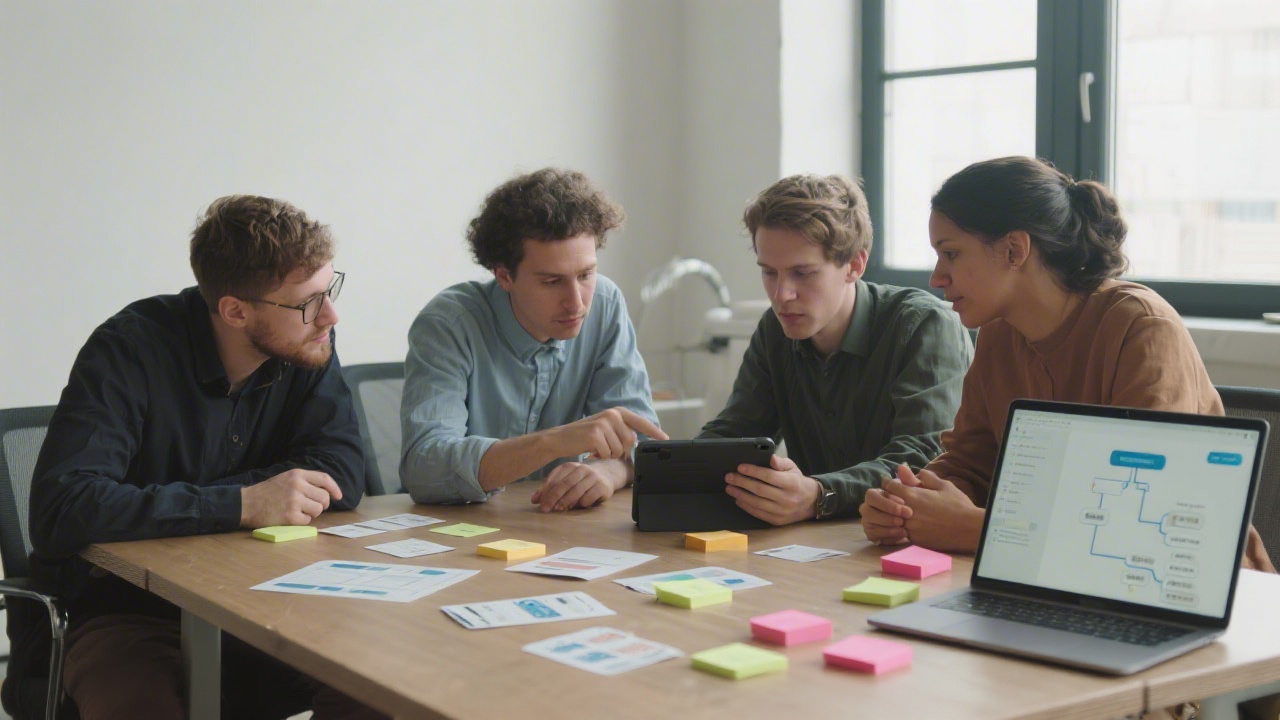 Small group around a table reviewing a prototype on a tablet, with printed UI cards, post-it notes and a laptop showing a sitemap diagram, indicating hands-on collaboration.
